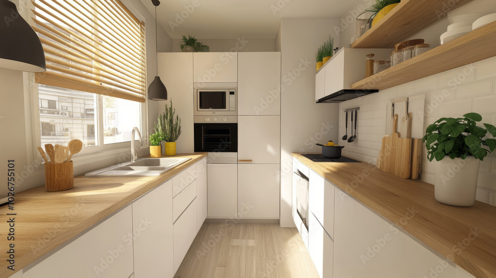 A simple, Scandinavian kitchen with white and wooden accents. It has a clean, modern design, shown in a 3D image. A simple, Scandinavian kitchen with white and wooden accents. It has a clean, modern design, shown in a 3D image.