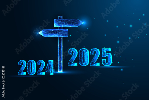 Abstract 2025 New Year concept, transition fro 2024 to 2025 year with signpost on blue background