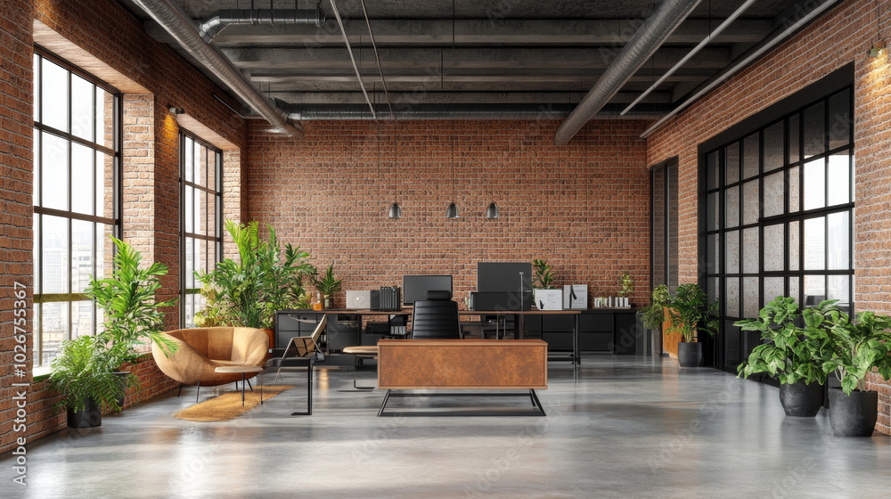 A modern office space with an industrial design, shown in a 3D image. A modern office space with an industrial design, shown in a 3D image.