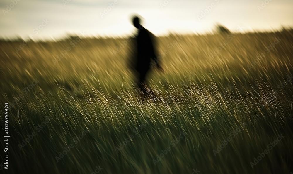 Fototapeta premium A Mysterious Silhouette Walking Through a Dreamlike Field