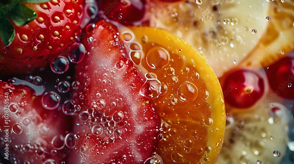 Close up macro detail of a fresh fruit combination with water droplets covering it Close up macro detail of a fresh fruit combination with water droplets covering it