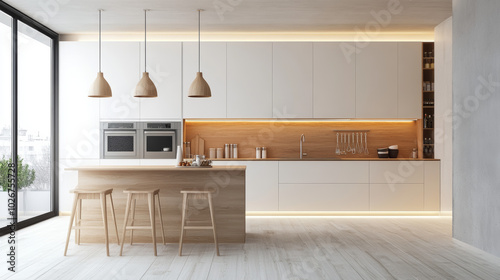 A modern kitchen with a simple, Scandinavian style. It features wood and white accents and a clean, minimalist design.