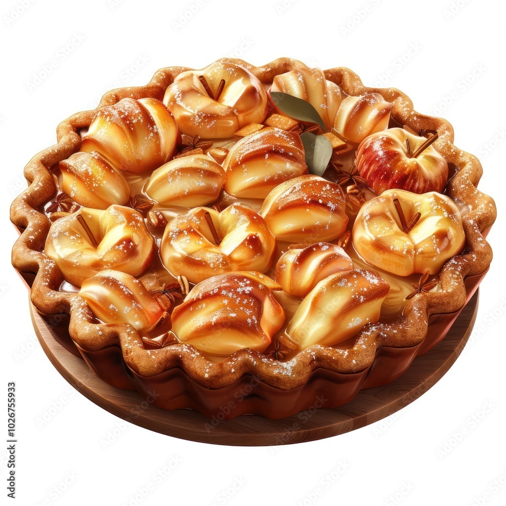 Closeup view of a delectable freshly baked sweet pastry dessert with a golden crispy flaky crust arranged in a circular pattern and displayed on a rustic wooden serving tray Closeup view of a delectable freshly baked sweet pastry dessert with a golden crispy flaky crust arranged in a circular pattern and displayed on a rustic wooden serving tray