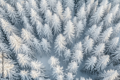 Stunning aerial view of dense snow-covered pine trees, creating a peaceful winter landscape in a forest.