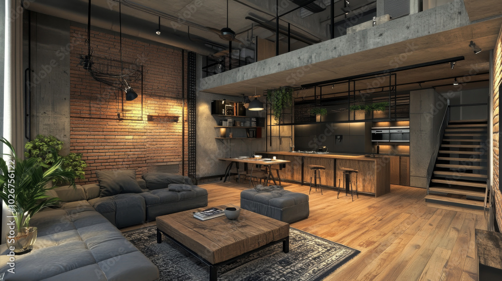 A modern apartment with an industrial design, created using 3D graphics. A modern apartment with an industrial design, created using 3D graphics.