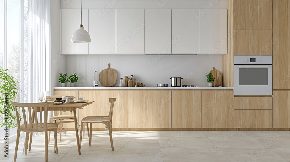 A simple, Scandinavian-style kitchen with light wood and white accents. The design is clean and minimalist, like a 3D picture. A simple, Scandinavian-style kitchen with light wood and white accents. The design is clean and minimalist, like a 3D picture.