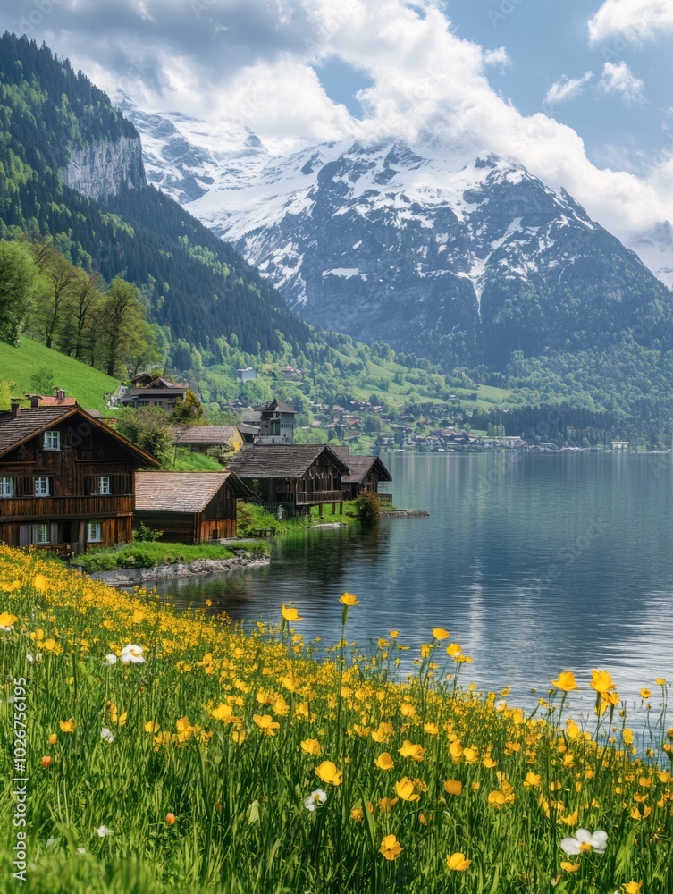 Fototapeta premium Bright yellow flowers bloom along the lake's edge in Switzerland, reflecting the beauty of spring and the surrounding mountains. Generative AI