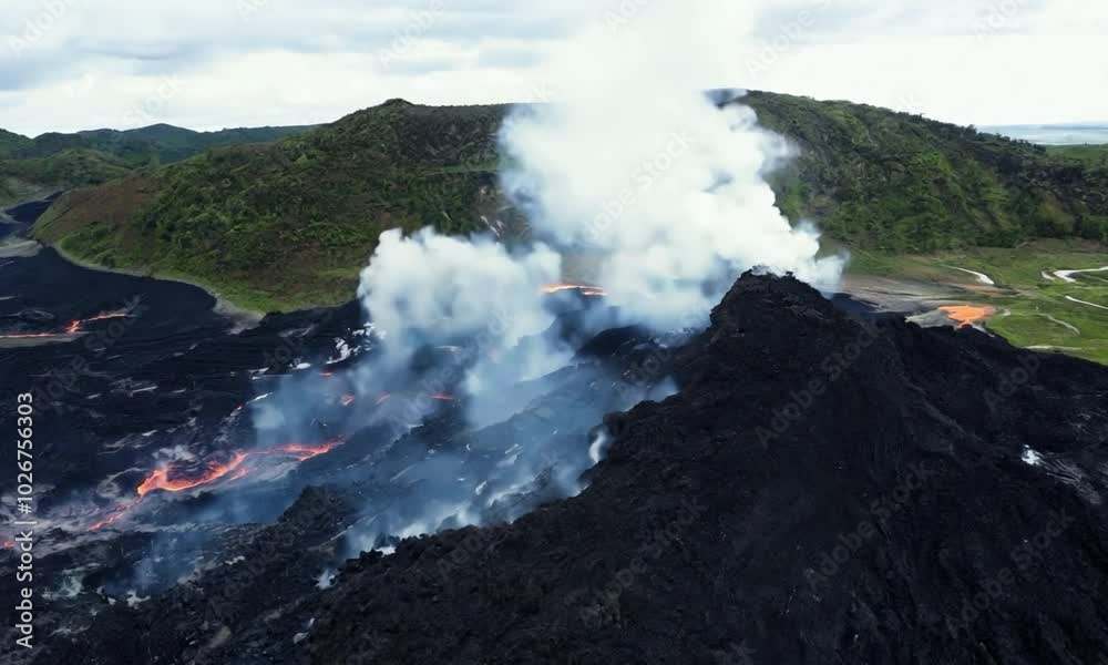 Overhead shot with lava and ash spread: The camera starts high above ...