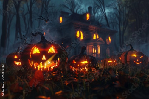 Halloween background with pumpkins and haunted house - 3D render. Halloween background with Evil Pumpkin. Spooky scary dark Night forrest. Holiday event halloween banner background concept