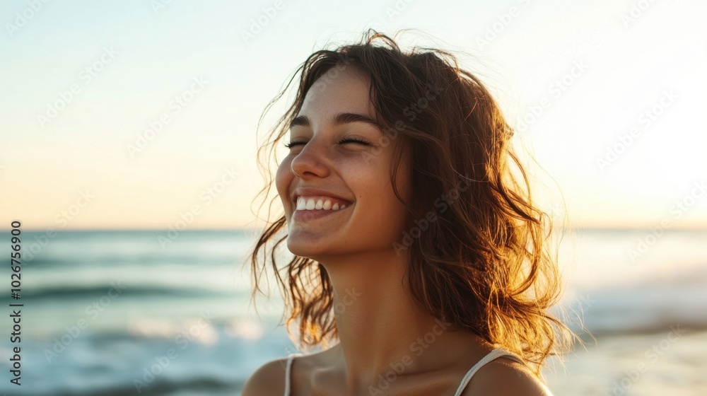 Happy woman with wavy hair enjoying time by the seaside, clean and minimalistic image with ample copy space. Happy woman with wavy hair enjoying time by the seaside, clean and minimalistic image with ample copy space.
