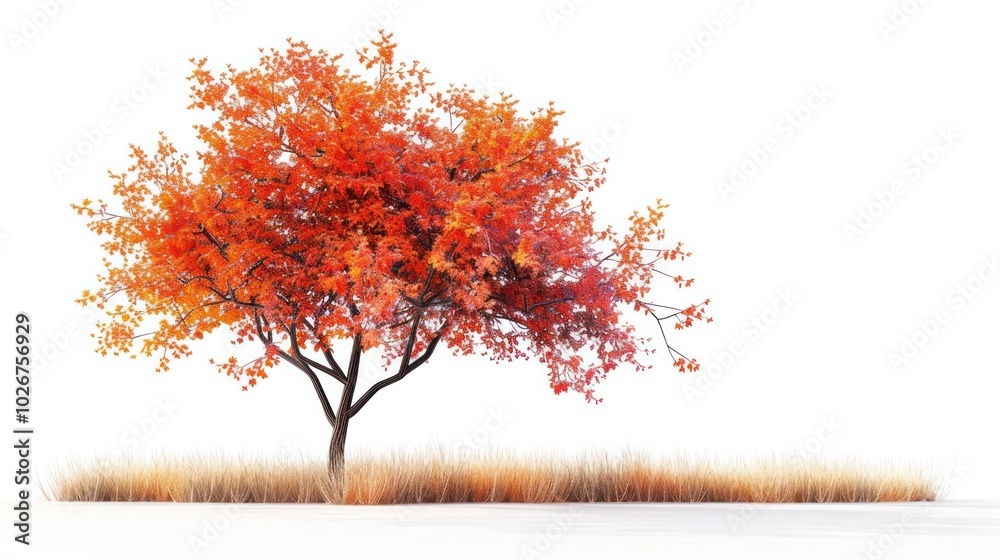 Fototapeta premium Breathtaking autumn landscape with a vibrant maple tree in full fall foliage surrounded by a lush natural setting bathed in warm sunlight