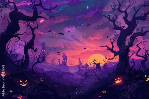 A Halloween themed painting of a graveyard with a castle in the background