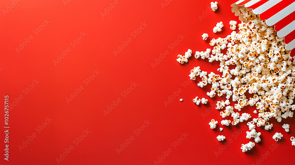 movie popcorn snacks arranged on red surface, space for text movie popcorn snacks arranged on red surface, space for text