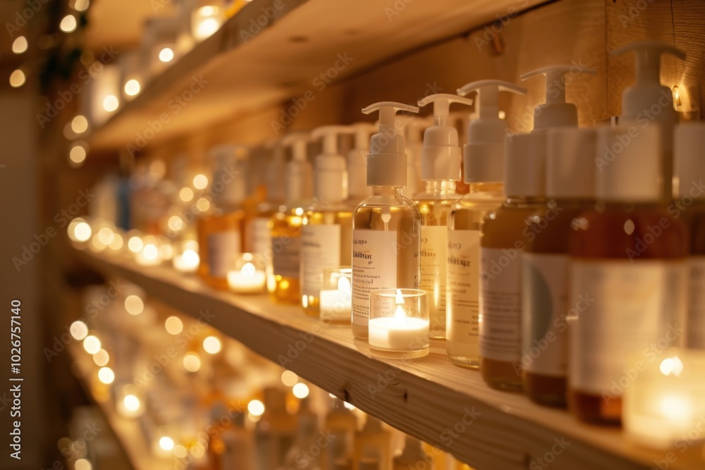 Serene Spa Product Display with Soft Lighting for Beauty and Wellness Promotion Serene Spa Product Display with Soft Lighting for Beauty and Wellness Promotion