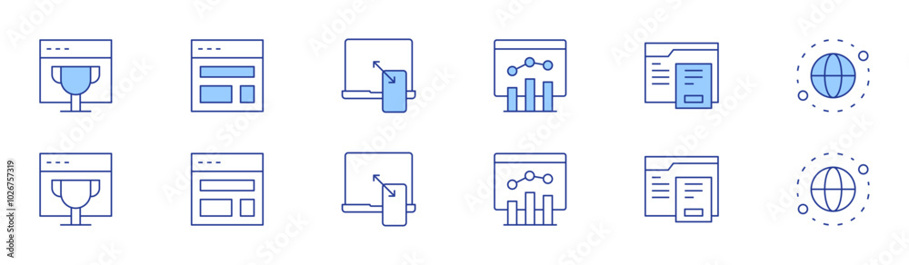 Website icon set in two styles, Duotone and Thin Line style. Editable stroke. trophy, web design, responsive, analytics, browser, localization