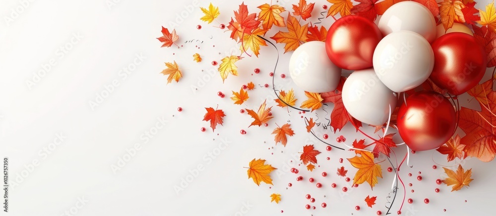 Festive autumn arrangement featuring pumpkins white balloons and colorful maple leaves against a minimalist white background Cozy and warm seasonal decor for Thanksgiving or Halloween Festive autumn arrangement featuring pumpkins white balloons and colorful maple leaves against a minimalist white background Cozy and warm seasonal decor for Thanksgiving or Halloween