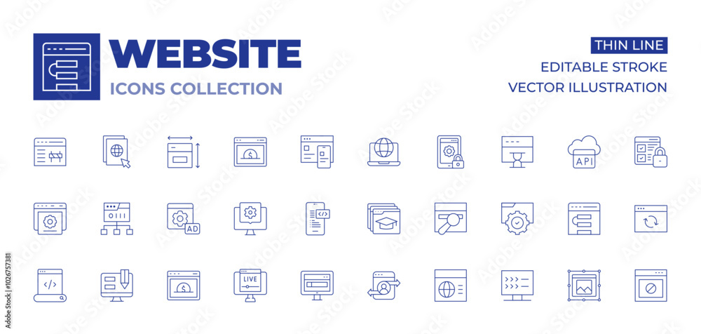 Website icons collection. Thin Line icons, editable stroke. website, web traffic, development, education, web browser, web design, web maintenance, web development, web, live streaming Website icons collection. Thin Line icons, editable stroke. website, web traffic, development, education, web browser, web design, web maintenance, web development, web, live streaming