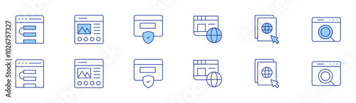 Website icon set in two styles, Duotone and Thin Line style. Editable stroke. website, web, landing page, window, firewall