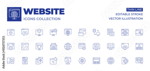 Website icons collection. Thin Line icons, editable stroke. content, online learning, flash sale, interface, settings, css, trophy, programmer, insert, globalization