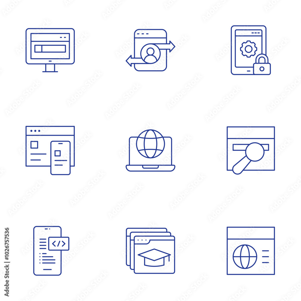 Website icons set. Thin Line style, editable stroke. website, web traffic, web maintenance, mobile web, world wide web, development, education Website icons set. Thin Line style, editable stroke. website, web traffic, web maintenance, mobile web, world wide web, development, education