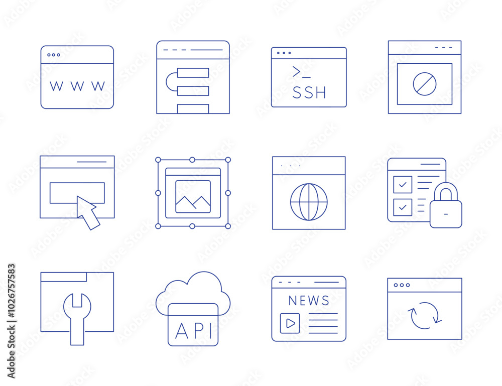 Website icons. Thin Line style, editable stroke. contact, global, online, web, web design, web security, api, update, maintenance, ssh, browser Website icons. Thin Line style, editable stroke. contact, global, online, web, web design, web security, api, update, maintenance, ssh, browser