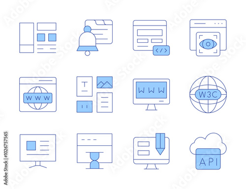 Website icons. Line Duotone style, editable stroke. interface, notification, content, view, semantic web, layout, api, web, web design, website, worldwide