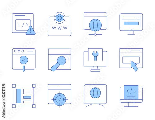 Website icons. Line Duotone style, editable stroke. layout, contact, maintenance, usability, website, target, web, coding, web browser