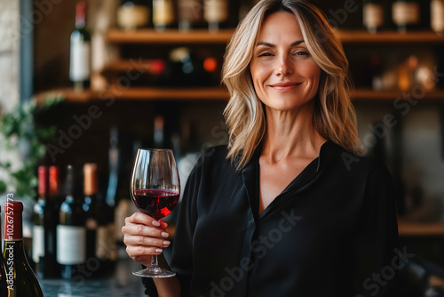 Beautiful caucasian female sommelier in black blouse holding glass of red wine, conducting wine tasting at winery, copy space