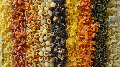 Collection of many pasta varieties in a range of hues