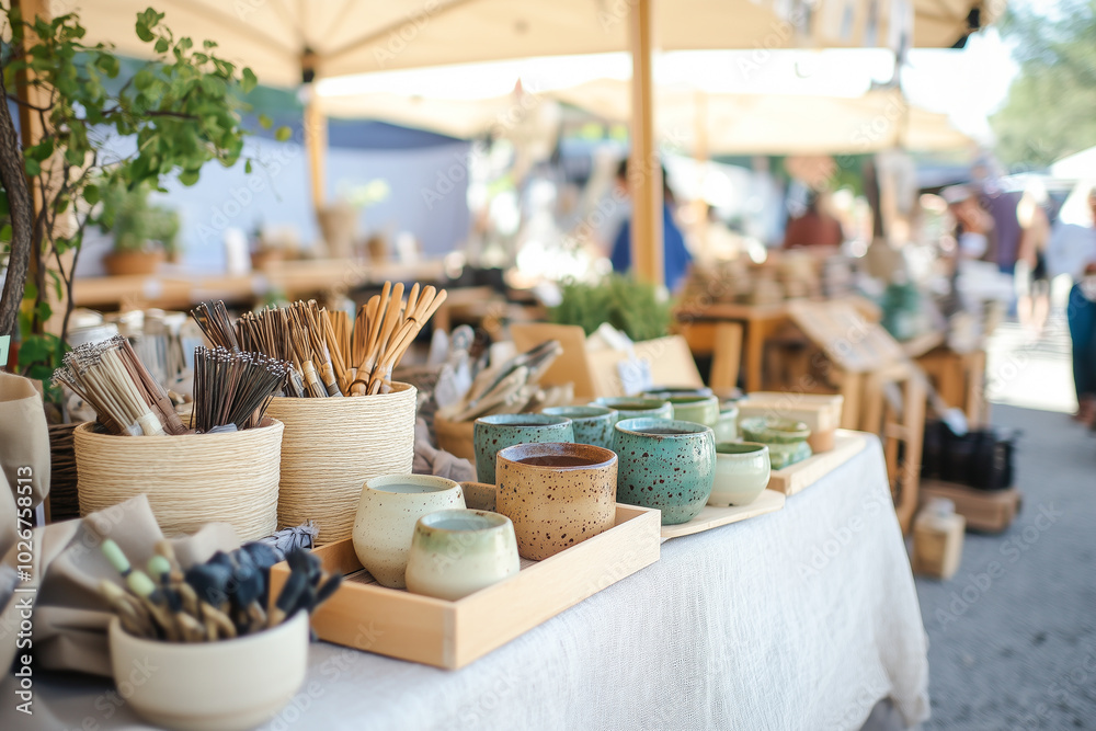 Pottery and eco-friendly tableware at outdoor market stall with plants and sunlight Pottery and eco-friendly tableware at outdoor market stall with plants and sunlight