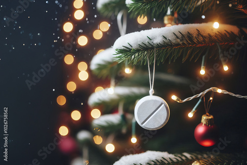 A white round medical pill hangs from a Christmas tree branch, decorated with glowing lights and garlands. Pine branches create a festive background, with depth of field highlighting unique ornament, photo