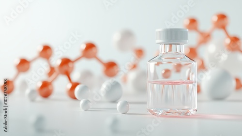 A glass vial containing a liquid is foregrounded against abstract molecular structures, emphasizing themes of science and chemistry.