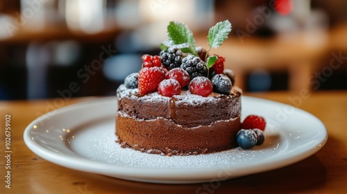 Delicious Chocolate Cake with Berries and Mint Garnish