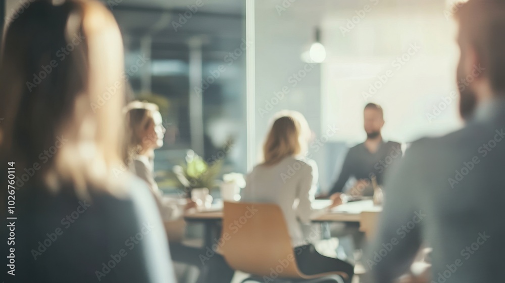 Diverse business people having a team meeting in an office, blurred background with copy space. Diverse business people having a team meeting in an office, blurred background with copy space.