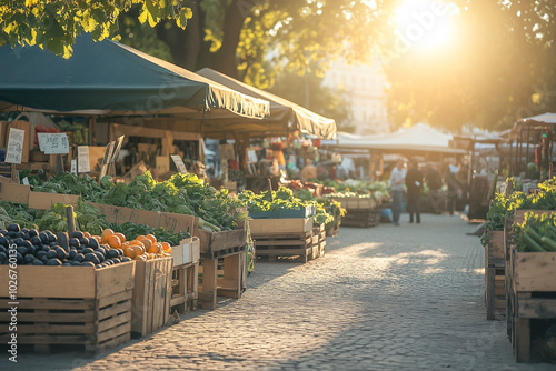 Sunlit farmers market with fresh produce in wooden crates under tented stalls and trees.