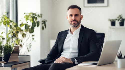 Professional man sitting in an office, clean and minimalistic image with copy space.