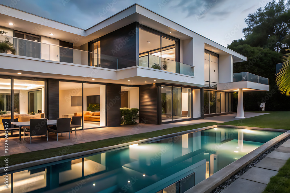 Modern luxury villa swimming pool evening.
Modern luxury villa swimming pool evening.