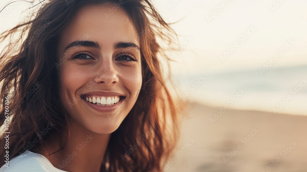Close up of a smiling woman with wavy hair at the seaside, minimal background with copy space focusing on her expression. Close up of a smiling woman with wavy hair at the seaside, minimal background with copy space focusing on her expression.