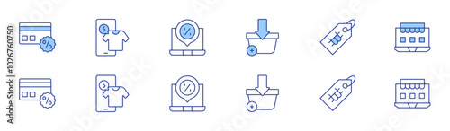 Shopping icon set in two styles, Duotone and Thin Line style. Editable stroke. credit card, virtual reality, add to cart, laptop, price tag, online shopping