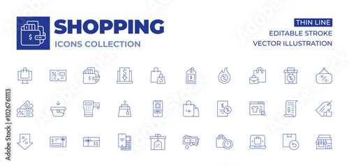 Shopping icons collection. Thin Line icons, editable stroke. coupon, add, labeling, decrease, money, payment, gift card, skirt, discount, cash, cashless, ticket, bag, duty free