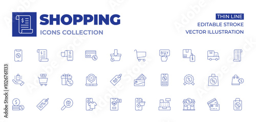 Shopping icons collection. Thin Line icons, editable stroke. online shop, credit card, gift box, virtual reality, add to cart, magnifying glass, laptop, price tag, coins, product, percent, sales