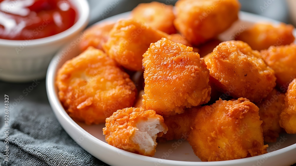 Delicious chicken nuggets combined with a spicy condiment Delicious chicken nuggets combined with a spicy condiment
