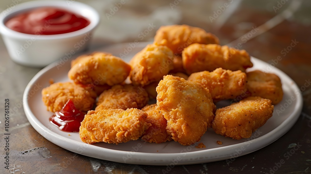 Delicious chicken nuggets combined with a spicy condiment Delicious chicken nuggets combined with a spicy condiment