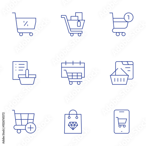 Shopping icons set. Thin Line style, editable stroke. add to cart, bag, mobile phone, cart, purchase