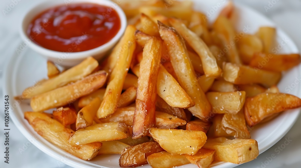 Delicious chips with sauce or french fries at the dining room table Delicious chips with sauce or french fries at the dining room table