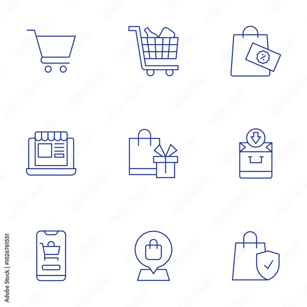 Shopping icons set. Thin Line style, editable stroke. online shop, location pin, bag, trolley, discount, cart, online Shopping icons set. Thin Line style, editable stroke. online shop, location pin, bag, trolley, discount, cart, online