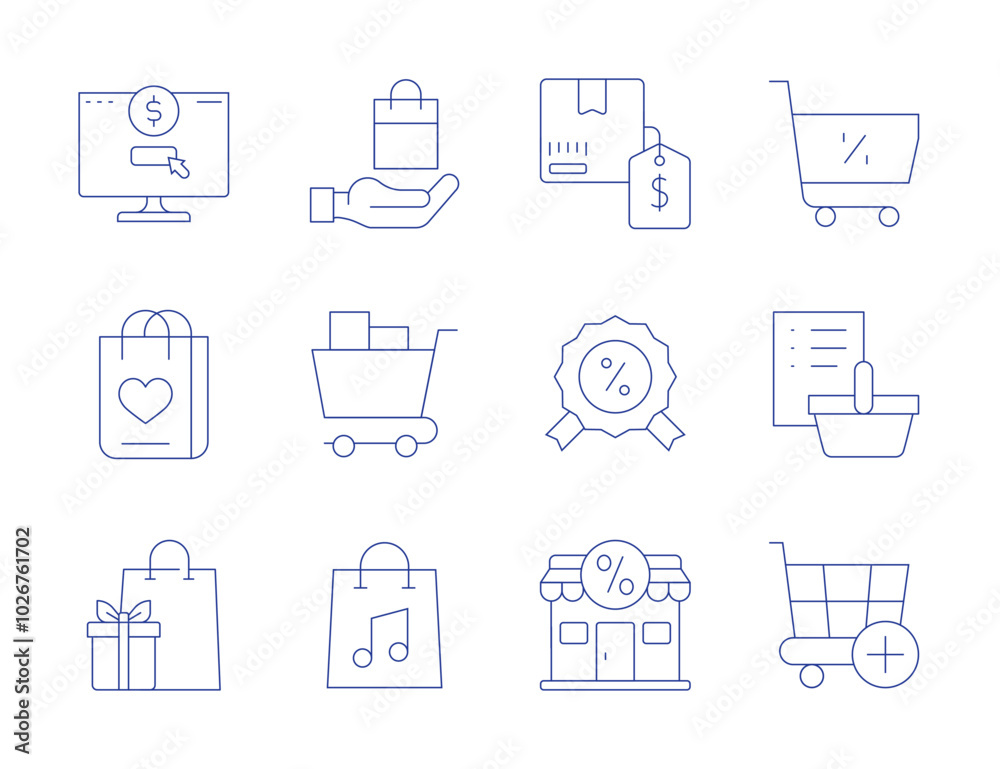 Shopping icons. Thin Line style, editable stroke. add to cart, purchasing, bag, presents, cart, pricing, discount, shop, purchase Shopping icons. Thin Line style, editable stroke. add to cart, purchasing, bag, presents, cart, pricing, discount, shop, purchase