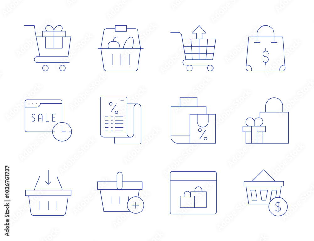 Shopping icons. Thin Line style, editable stroke. basket, receipt, bag, trolley, cart, online, online discount