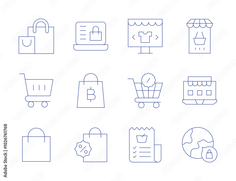 Shopping icons. Thin Line style, editable stroke. global market, trolley cart, bag, online , cart, list