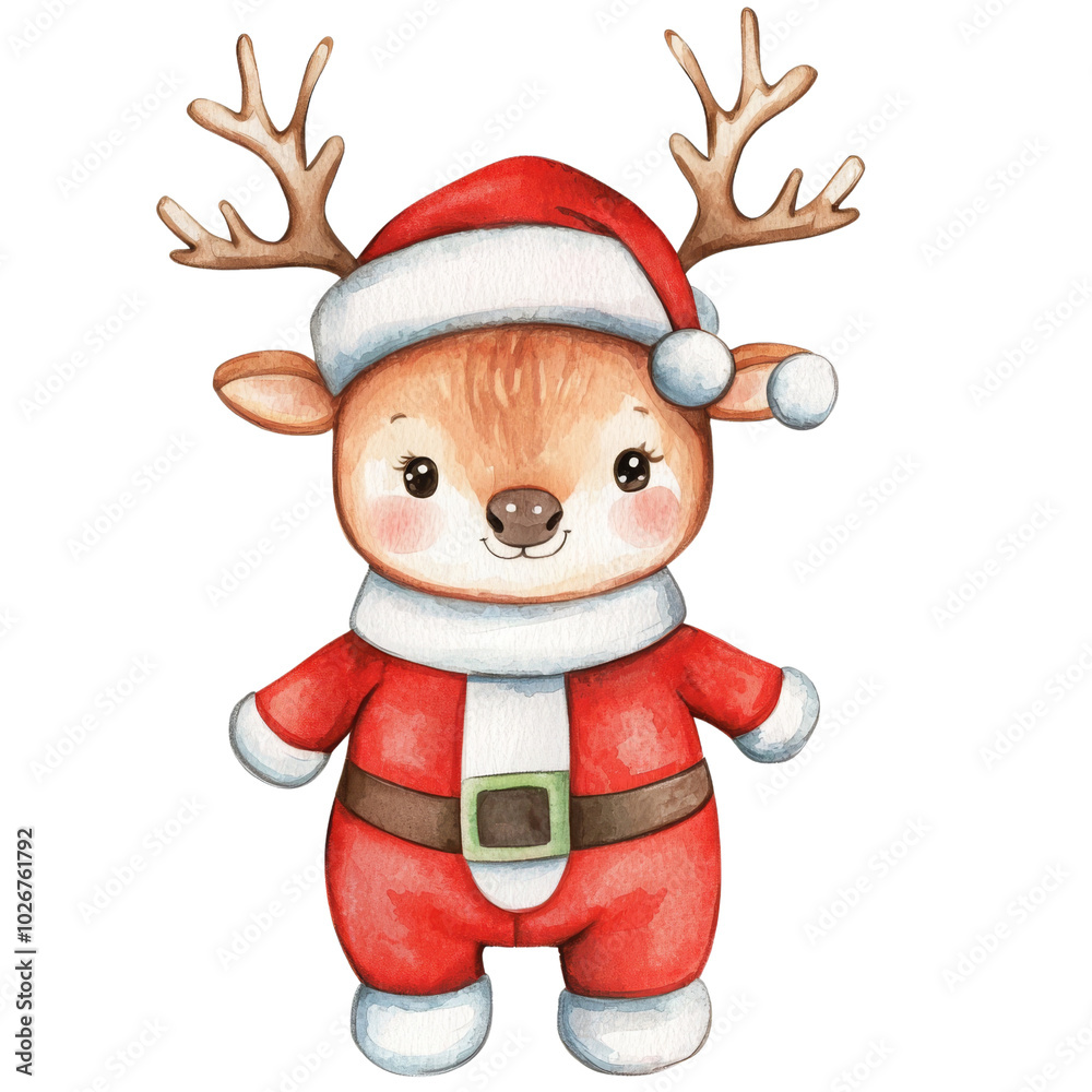 Adorable reindeer dressed in a Santa suit, perfect for holiday themes. This charming illustration captures festive spirit and joy, ideal for children’s designs. Adorable reindeer dressed in a Santa suit, perfect for holiday themes. This charming illustration captures festive spirit and joy, ideal for children’s designs.